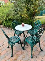 Bistroset - Gietijzeren tuinset - Marmeren blad - 4 stoelen, Tuin en Terras, Ophalen, 4 zitplaatsen, Gebruikt, Tuinset