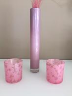 Vase + 2 photophores rose (set), Comme neuf, Autres matériaux, Autres couleurs, Enlèvement ou Envoi