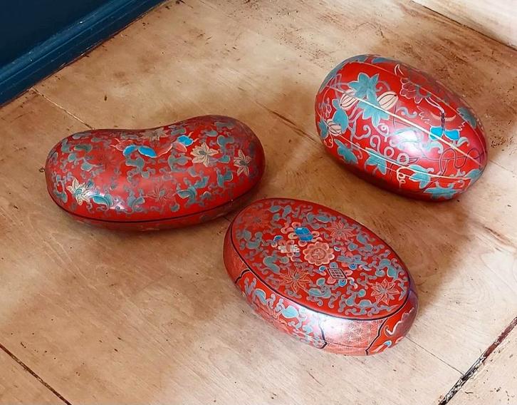 3 oude houten bewerkte Chinese kistjes, Antiek en Kunst, Curiosa en Brocante, Ophalen of Verzenden