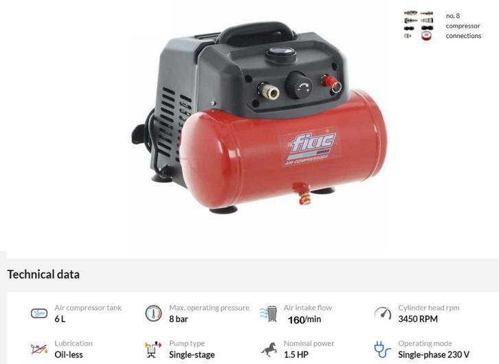 Compressor - Fiac Cuby 6/1100 Portable 6L 1,5Hp 1,1Kw 8 Bar, Doe-het-zelf en Bouw, Compressors, Olievrij, Ophalen of Verzenden