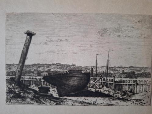 Ets P. Teyssonnieres 1874 Landschap met boot op het droge, Antiek en Kunst, Kunst | Etsen en Gravures, Ophalen of Verzenden