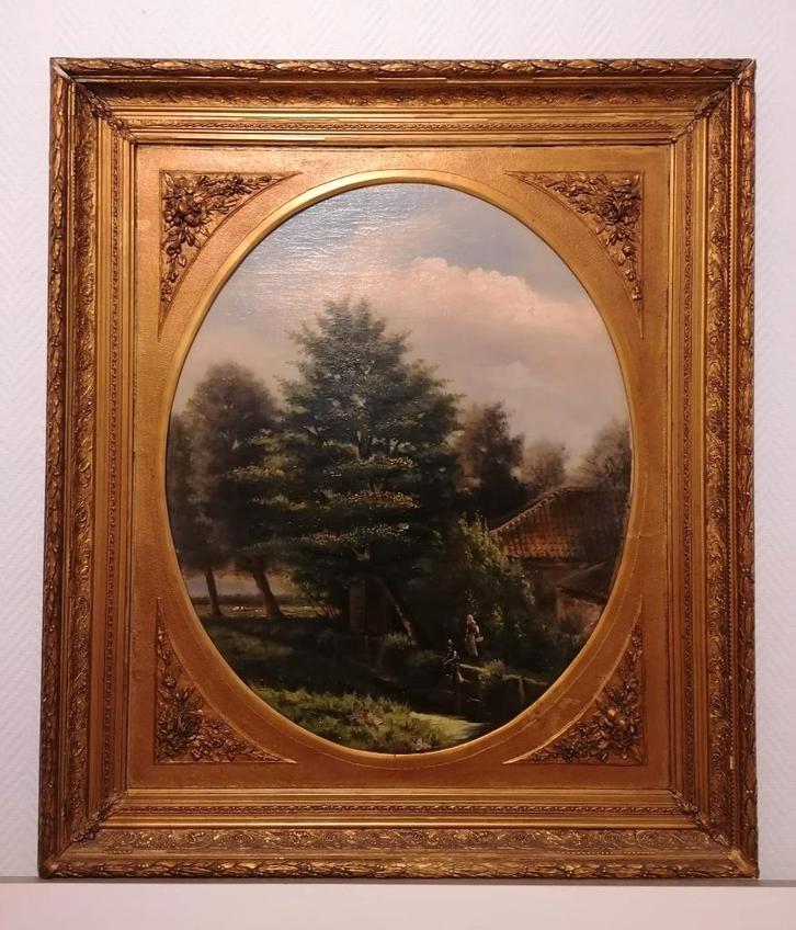 Oude olieverf op doek – landelijk landschap met figuren, Antiquités & Art, Art | Peinture | Classique, Enlèvement