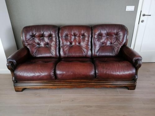 lederen salon + salontafel, Huis en Inrichting, Zetels | Zetels, Gebruikt, Hout, Leer, Ophalen