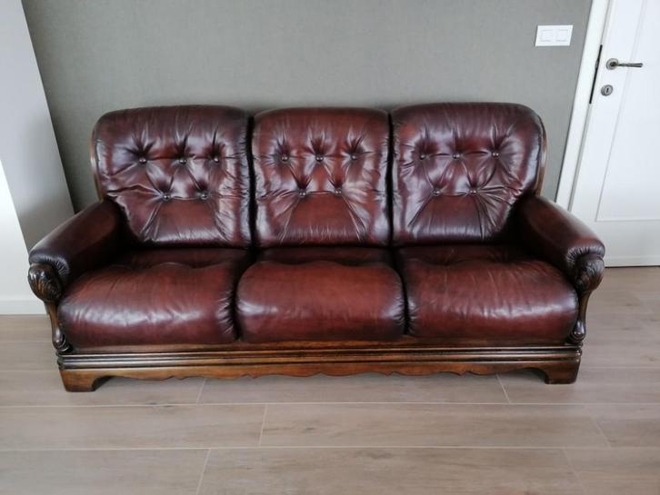lederen salon + salontafel, Huis en Inrichting, Zetels | Zetels, Gebruikt, Hout, Leer, Ophalen