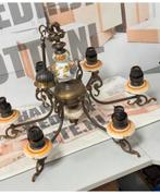 Antiek vintage Kroonluchter koper messing porselein brocante, Ophalen of Verzenden