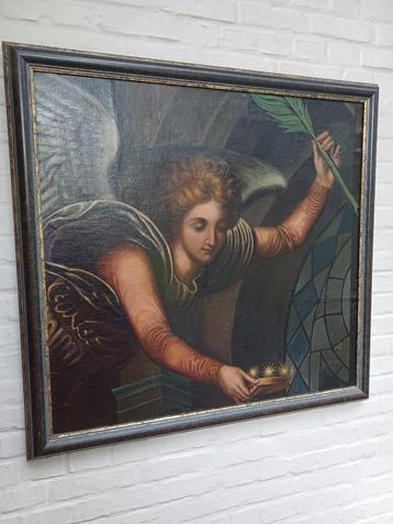 antiek schilderij, engel kroning olieverf op doek ingekaderd beschikbaar voor biedingen