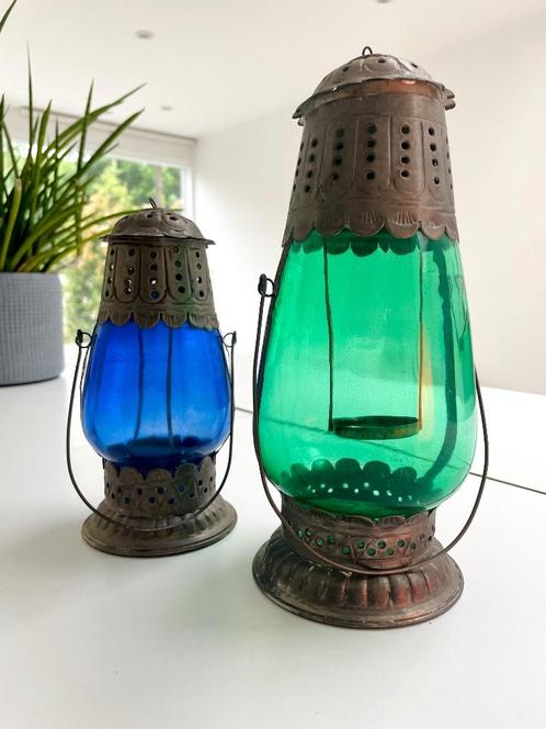 Kleurrijke glazen kaarsenstolpen 2 stuks, Huis en Inrichting, Woonaccessoires | Overige, Gebruikt, Ophalen