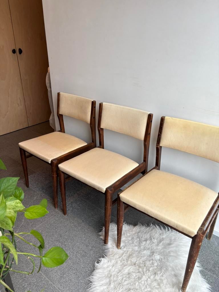 Set van 3 vintage eetkamerstoelen, Ophalen, Gebruikt, Vintage, Leer