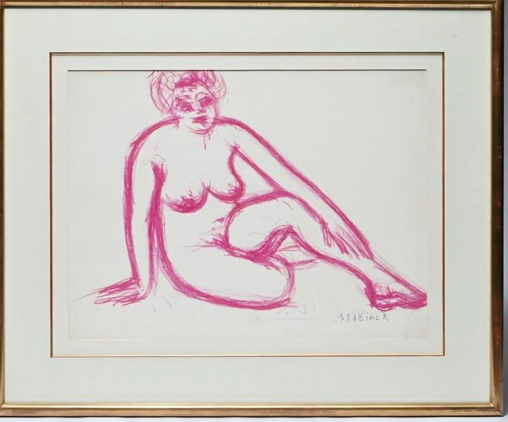 SLABBINCK Rik "Zittend naakt" paars vetkrijt, Antiquités & Art, Art | Lithographies & Sérigraphies, Enlèvement ou Envoi