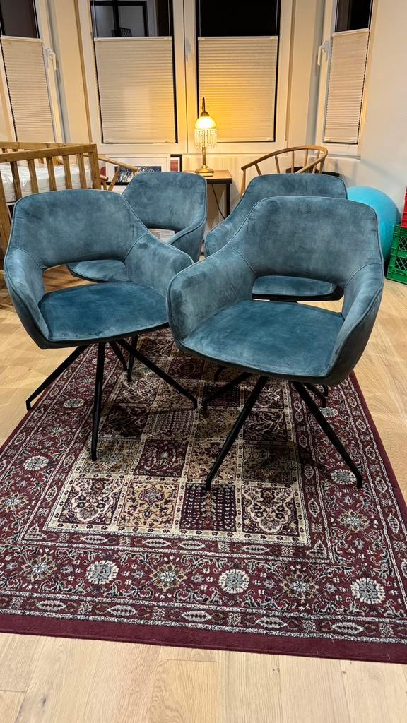 4 Draaibare velours kuipstoelen, Maison & Meubles, Chaises, Utilisé, Quatre, Tissus, Bleu, Enlèvement