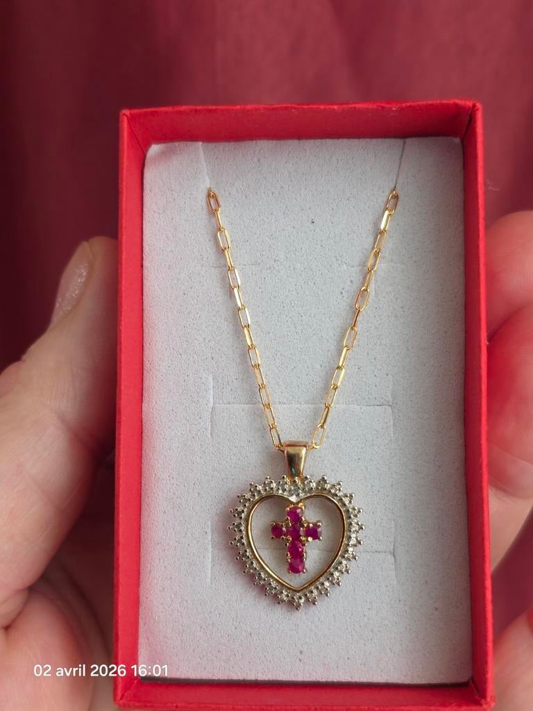 Pendentif coeur en argent massif plaqué or avec rubis nature, Enlèvement, Jaune, Argent, Avec pierre précieuse