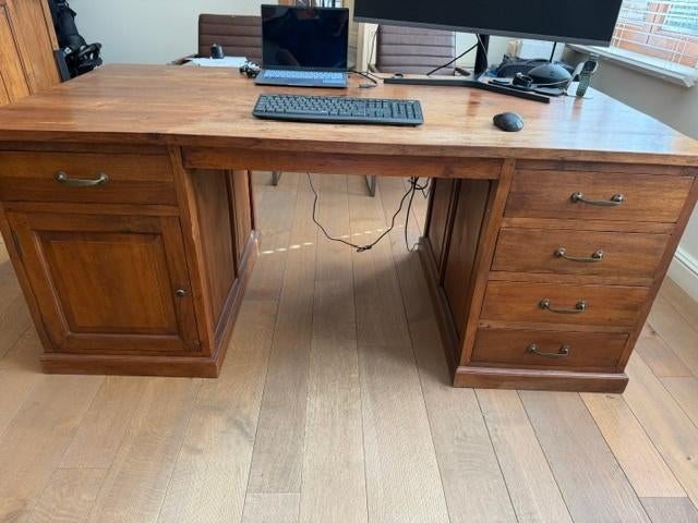 Teak houten Bureau met Kast (ook elk apart te koop), Huis en Inrichting, Bureaus, Gebruikt, Bureau-kast combinatie, Overige merken