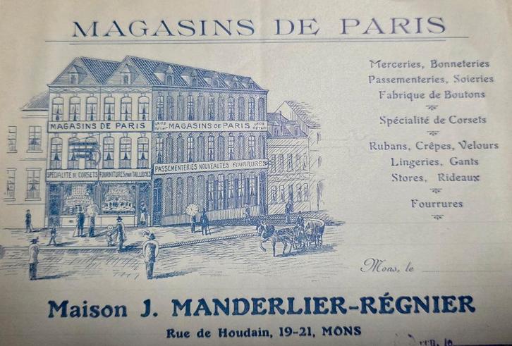 Mons+winkels in Parijs+Manderlier+Fashions+Lithografie, Verzamelen, Postkaarten | België, Ongelopen, Henegouwen, Voor 1920, Ophalen of Verzenden