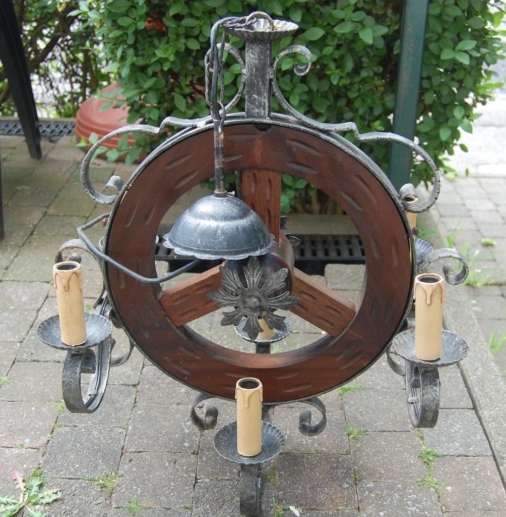 Lustre "roue de chariot" à 6 lampes bougies, Maison & Meubles, Enlèvement, Utilisé, Bois, Ancien