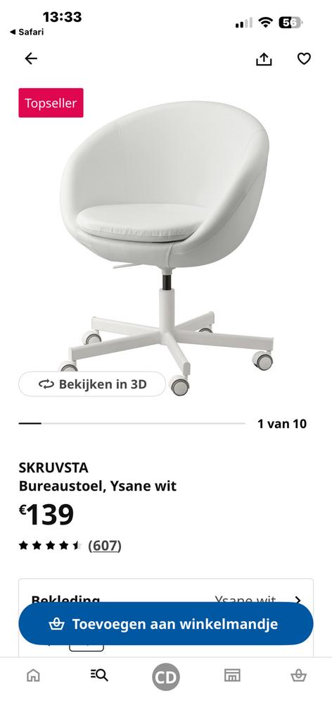 Witte bureaustoel, Ophalen, Zo goed als nieuw, Bureaustoel