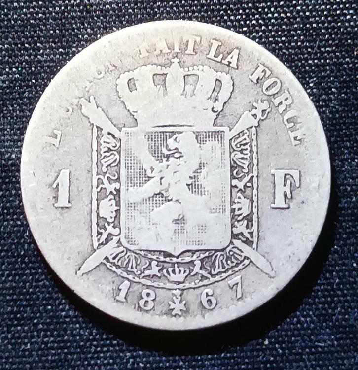 1 frank FR 1867 - Leopold II, Postzegels en Munten, Munten | België, Losse munt, Zilver, Zilver, Verzenden