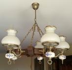 Sfeervolle Vintage Houten Kroonluchter met Keramiek Details, Huis en Inrichting, Lampen | Kroonluchters, Ophalen, Gebruikt, Glas