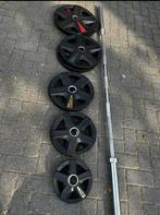 155Kg Lifemaxx Rubberen Gewichten + Olympische Barbell, Sport en Fitness, Halterschijven, Gebruikt, Ophalen