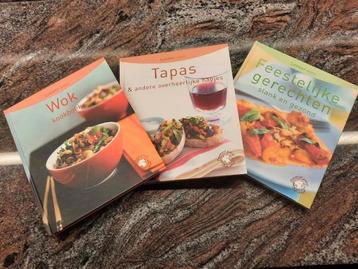 3 nieuwe kookboeken,Wok,Tapas, Feestelijke gerechten, kerst  beschikbaar voor biedingen