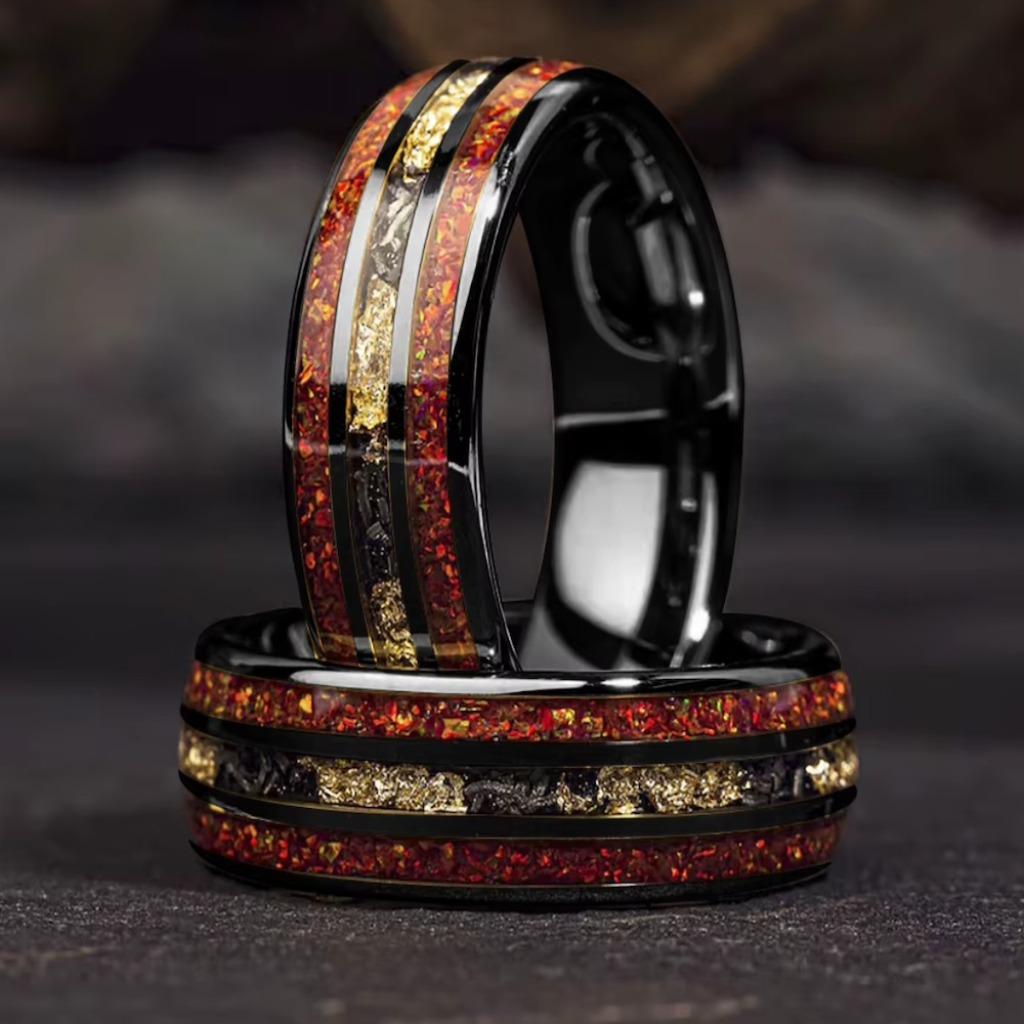 Trouwringen wolfraam met rood Opaal en zwart - Ryann, Bijoux, Sacs & Beauté, Bagues, Neuf, Femme ou Homme, Autres couleurs, Autres matériaux