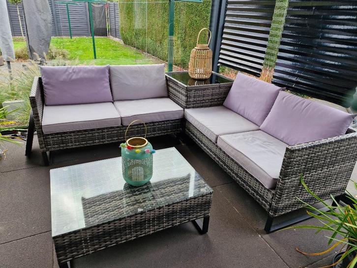 Loungeset, Tuin en Terras, Tuinsets en Loungesets, Gebruikt, Loungeset, Wicker, 4 zitplaatsen, Bank, Bijzettafel, Ophalen