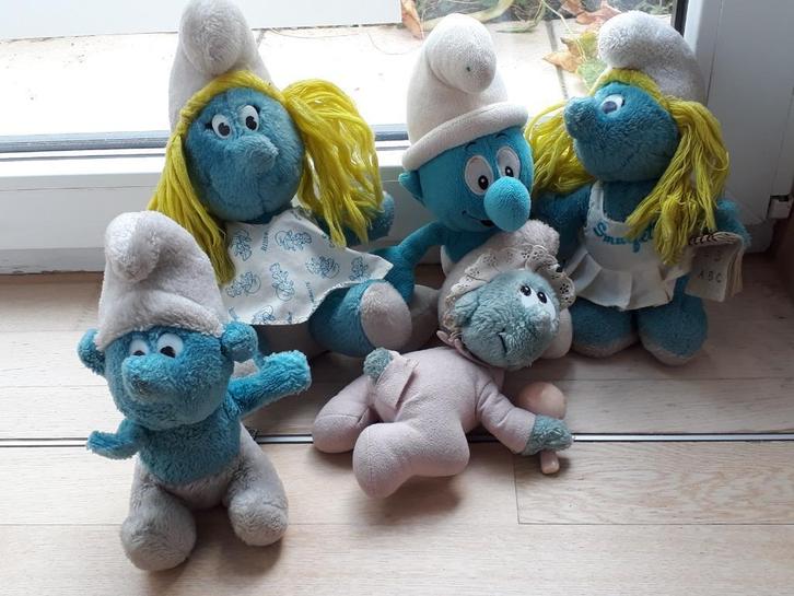5 Peluches Schtroumpfs Peyo années 80, Collections, Schtroumpfs, Utilisé, Poupée, Figurine ou Peluche, Différents Schtroumpfs