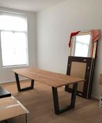 Table en Acacia - pieds métalliques industriel - 3 chaises, Maison & Meubles, Comme neuf, 100 à 150 cm, Table en Acacia avec bord sinueux