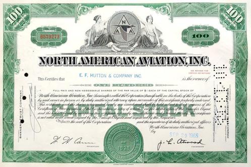 North American Aviation Inc. 1965, Postzegels en Munten, Aandelen en Waardepapieren, Certificaat van aandeel, 1950 tot 1970, Ophalen of Verzenden