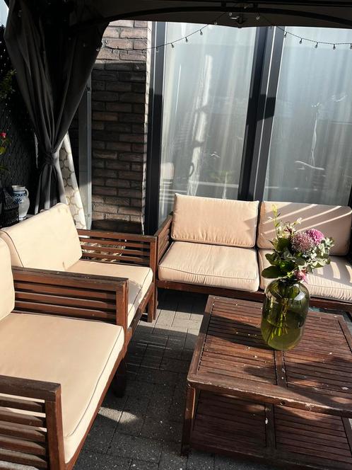Houten bank lounge met tafel, Tuin en Terras, Tuinsets en Loungesets, Gebruikt, Loungeset, Hout, 4 zitplaatsen, Bank, Eettafel