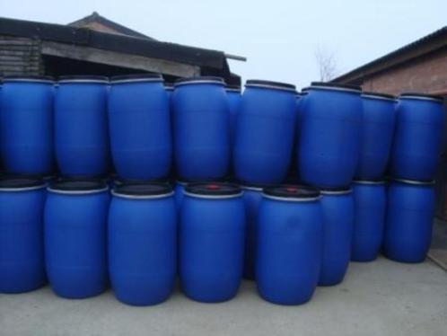 Blauwe vaten,tonnen van 220 L met deksel en klemring, Tuin en Terras, Regentonnen, Zo goed als nieuw, Kunststof, 150 liter of meer