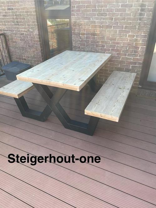 Picknickset Steigerhout Ijzer onderstel Gratis Levering, Tuin en Terras, Picknicktafels, Nieuw, Ophalen of Verzenden