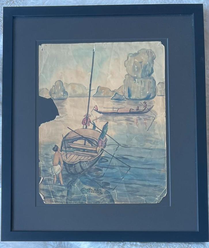Thiem Dam (peintre Vietnamien XXe) Hanoï . Aquarelle signée, Antiek en Kunst, Kunst | Tekeningen en Fotografie, Ophalen of Verzenden
