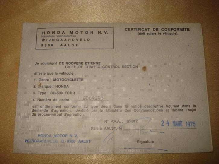 Ancien Certificat Conformité Moto Honda CB-500 FOUR 1975, Motoren, Handleidingen en Instructieboekjes, Honda, Ophalen of Verzenden