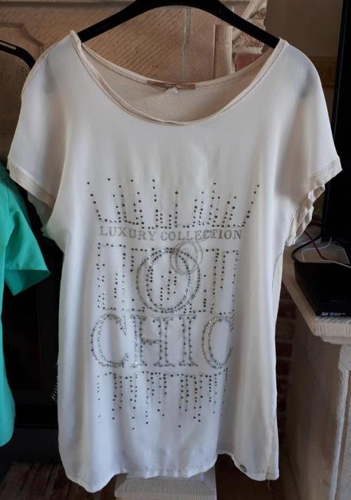 Leidiro - Tshirt ecru/beige met print - maat 38 - € 1.00, Kleding | Dames, T-shirts, Gedragen, Maat 38/40 (M), Beige, Korte mouw
