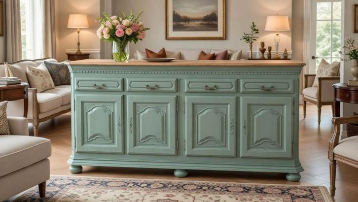 Landelijk groen dressoir, Huis en Inrichting, Kasten | Dressoirs, Zo goed als nieuw, 200 cm of meer, 50 tot 75 cm, Met lade(s)