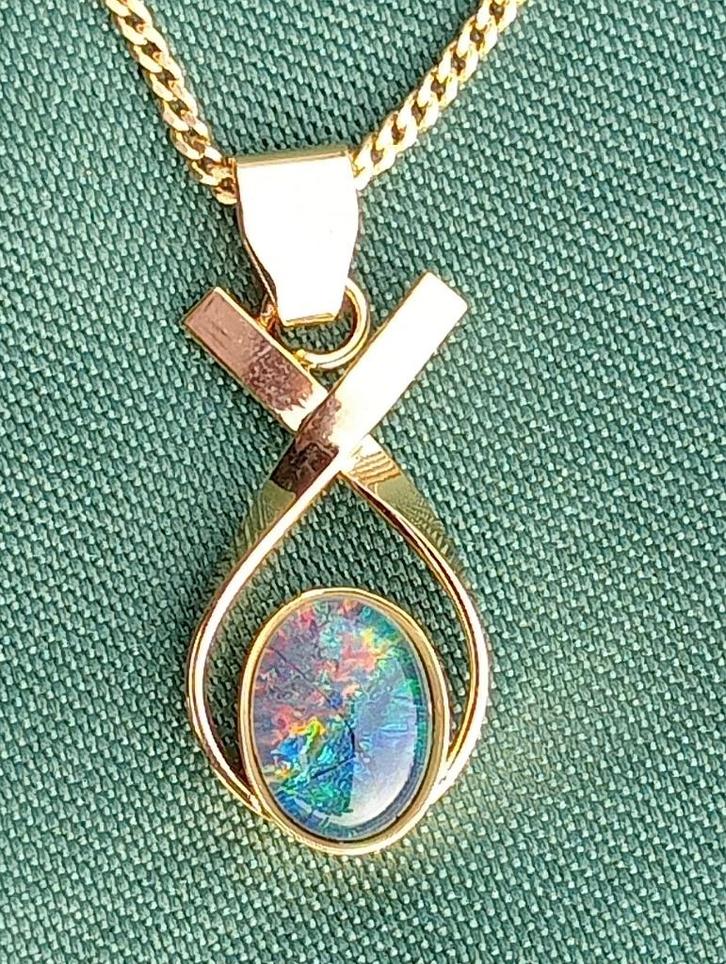 14K Goud Doublé ketting met prachtige Opaal triplet 40 cm, Handtassen en Accessoires, Kettingen, Nieuw, Zilver, Goud, Met edelsteen