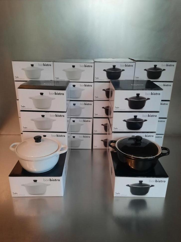 Ovenschaaltje met deksel rond bon bistro zwart en wit, Huis en Inrichting, Keuken | Servies, Nieuw, Schaal of Schalen, Effen, Keramiek