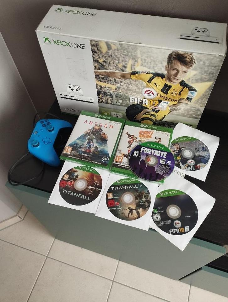 Xbox One S 500GB -7 games+ - 1 blauwe controller, Games en Spelcomputers, Spelcomputers | Xbox One, Zo goed als nieuw, Xbox One