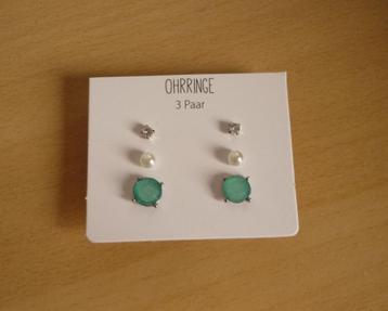 Set 3 paar oorbellen turquoise witte strasssteen en parels