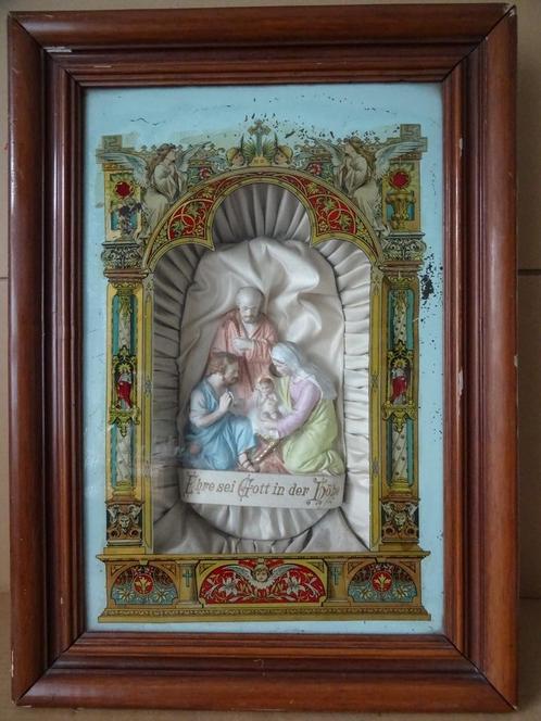Antiek devotieobject beeld Heilige Familie muziekdoos 1900, Antiek en Kunst, Antiek | Religieuze voorwerpen, Ophalen of Verzenden