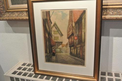 19e eeuwse Gesign. Aquarellen 3 x/ Litho 1 x nr.151 Stadsgez, Antiek en Kunst, Kunst | Schilderijen | Klassiek, Ophalen