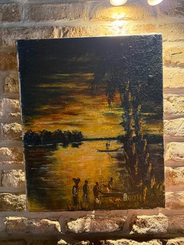 Olieverfschilderij – Avondtafereel met rivier en figuren beschikbaar voor biedingen
