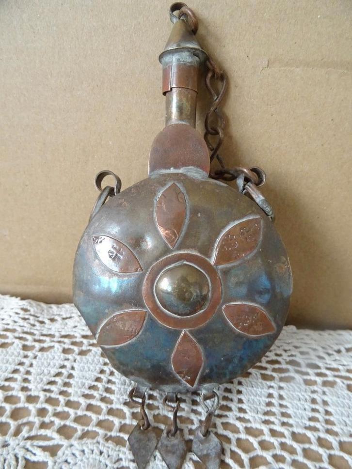 Antieke buskruitfles kruithoorn kruitbus buskruitflesje 14cm, Antiek en Kunst, Antiek | Brons en Koper, Koper, Ophalen of Verzenden