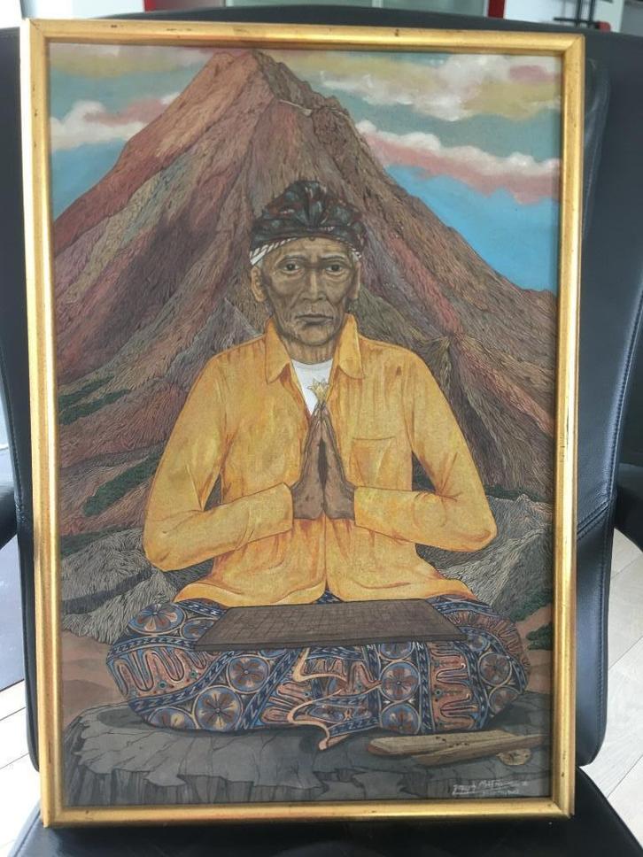 Schilderij uit Bali : mediterende man voor heilige Berg, Antiek en Kunst, Kunst | Niet-Westerse kunst, Ophalen