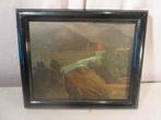 Mooi Oud Geschilderd Werk 'Rivier en Dorpje' - 35x30, Ophalen of Verzenden