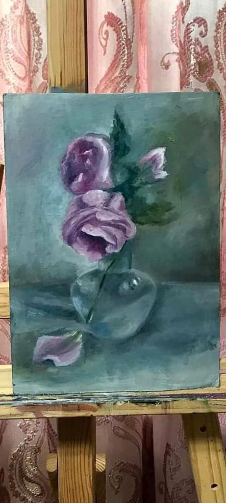 Paarse rozen in een vaas, Antiek en Kunst, Kunst | Schilderijen | Abstract, Ophalen