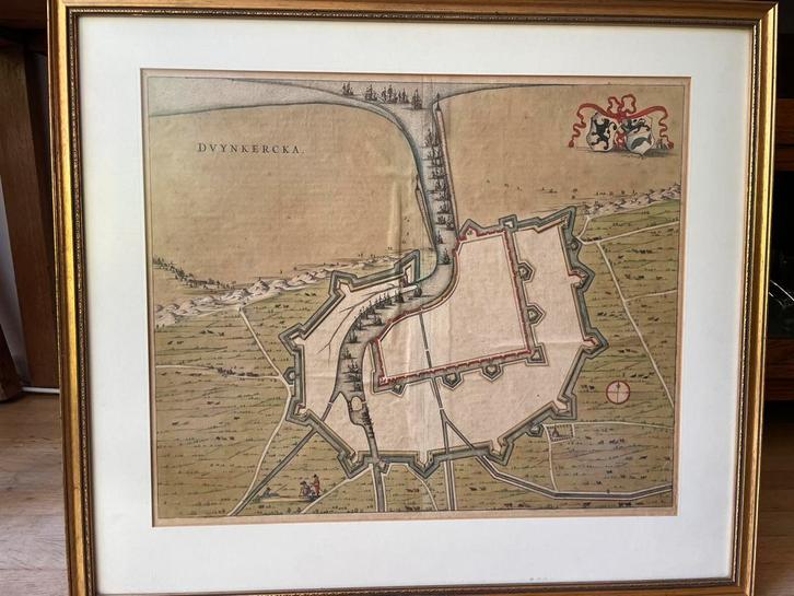 Antieke kaart (gravure) van Duinkerke (F) 1652 Sanderus, Antiek en Kunst, Kunst | Etsen en Gravures, Ophalen