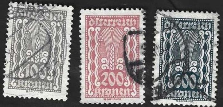 3 Postzegels Oostenrijk 1922 Symbolische voorstellingen, Postzegels en Munten, Postzegels | Europa | Oostenrijk, Gestempeld, Ophalen of Verzenden
