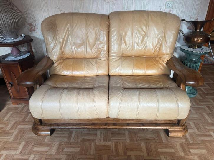 Salon complet cuir vintage + bois massif (4 pièces), Antiek en Kunst, Antiek | Meubels | Stoelen en Sofa's, Ophalen