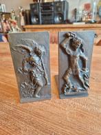 2x antieke bronzen plaque St-Michel en engel met trompet, Antiek en Kunst, Ophalen of Verzenden